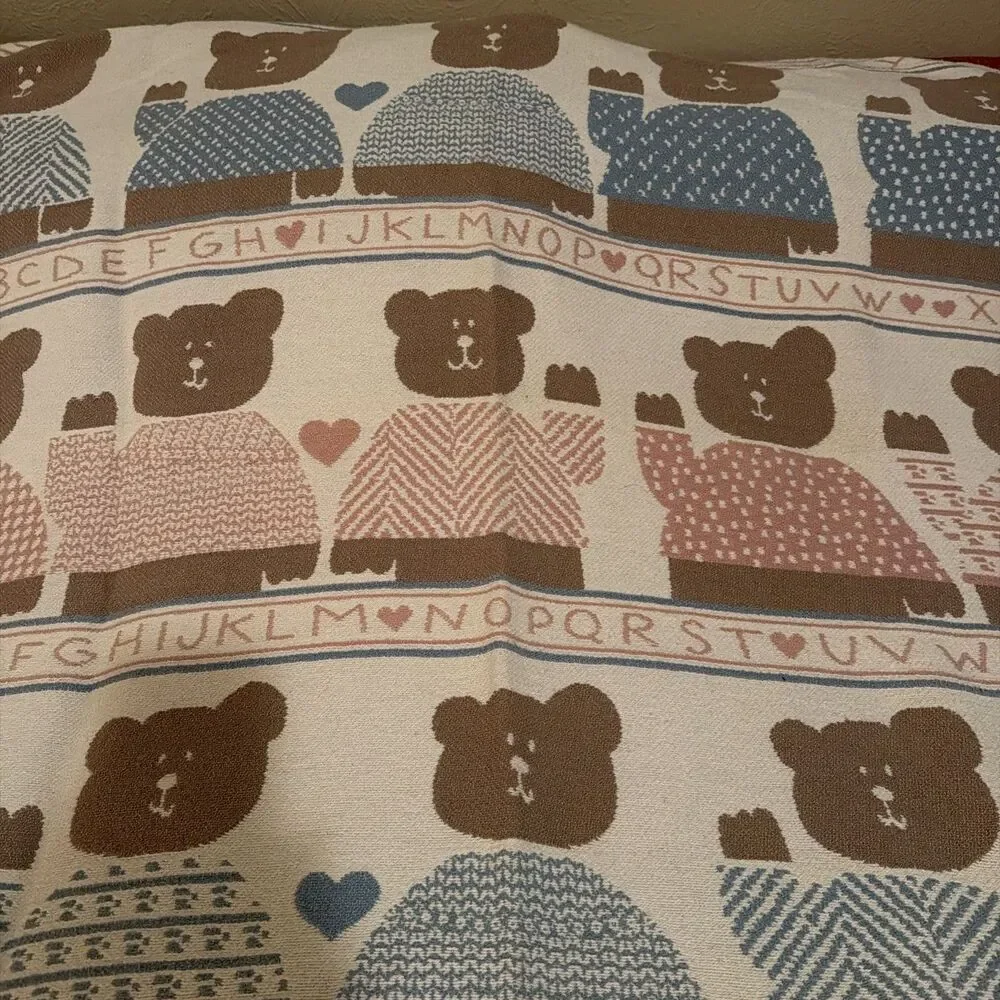 VTG 80s Pat Meyers Bear Alphabet Double Woven 100%Cotton Warm Baby Blanket 48x60